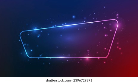 Neon rounded frame with shining effects and sparkles on dark purple background. Empty glowing techno backdrop. Vector illustration