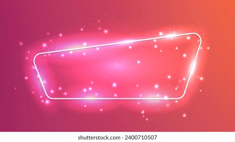 Neon rounded frame with shining effects and sparkles on dark pink background. Empty glowing techno backdrop. Vector illustration