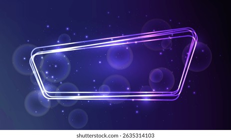 Neon rounded frame with shining effects and sparkles on blue background. Empty glowing techno backdrop. Vector illustration