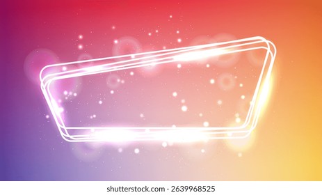 Neon rounded frame with shining effects and sparkles on orange background. Empty glowing techno backdrop. Vector illustration