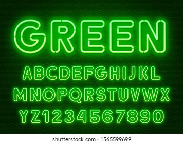 Neon Rounded Green Font, Glowing Alphabet With Numbers.