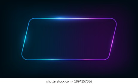 Neon rounded parallelogram frame with shining effects on dark background. Empty glowing techno backdrop. Vector illustration.