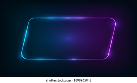 Neon rounded parallelogram frame with shining effects on dark background. Empty glowing techno backdrop. Vector illustration.