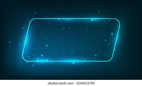 Marco de paralelograma neón redondeado con efectos brillantes y destellos sobre el fondo oscuro. Fondo tecno brillante vacío. Ilustración del vector