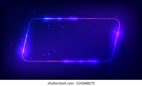 Neon rounded parallelogram frame with shining effects and sparkles on dark background. Empty glowing techno backdrop. Vector illustration