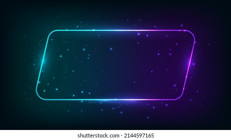Marco de paralelograma neón redondeado con efectos brillantes y destellos sobre el fondo oscuro. Fondo tecno brillante vacío. Ilustración del vector