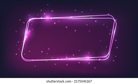 Neon rounded parallelogram frame with shining effects and sparkles on dark background. Empty glowing techno backdrop. Vector illustration