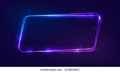 Neon rounded parallelogram frame with shining effects and sparkles on dark background. Empty glowing techno backdrop. Vector illustration