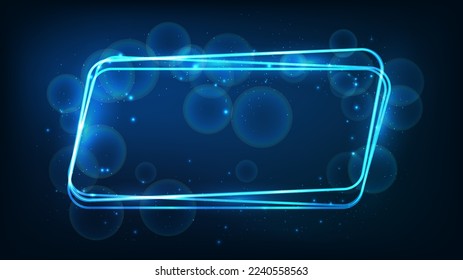Marco de paralelograma neón redondeado con efectos brillantes y destellos sobre el fondo oscuro. Fondo tecno brillante vacío. Ilustración del vector