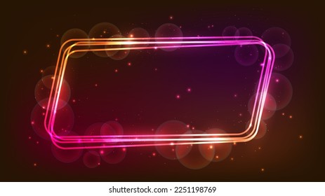 Neon rounded parallelogram frame with shining effects and sparkles on dark background. Empty glowing techno backdrop. Vector illustration