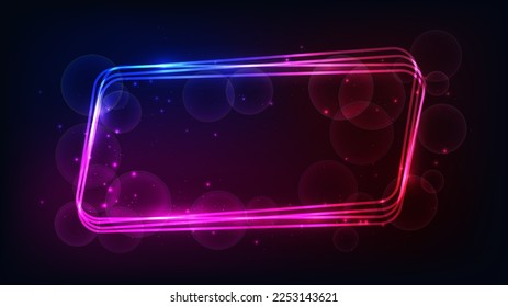 Neon rounded parallelogram frame with shining effects and sparkles on dark background. Empty glowing techno backdrop. Vector illustration