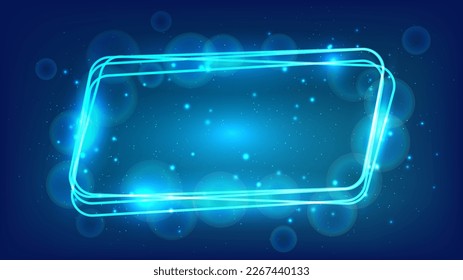 Marco de paralelograma neón redondeado con efectos brillantes y destellos sobre el fondo oscuro. Fondo tecno brillante vacío. Ilustración del vector