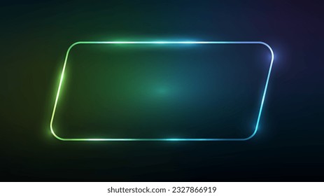 Neon rounded parallelogram frame with shining effects on dark green background. Empty glowing techno backdrop. Vector illustration