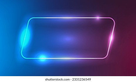 Neon rounded parallelogram frame with shining effects on dark purple background. Empty glowing techno backdrop. Vector illustration