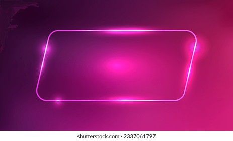 Neon rounded parallelogram frame with shining effects on dark pink background. Empty glowing techno backdrop. Vector illustration