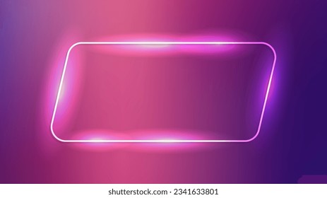 Neon rounded parallelogram frame with shining effects on dark purple background. Empty glowing techno backdrop. Vector illustration
