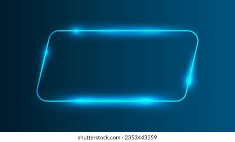 Marco de paralelograma Neon redondeado con efectos brillantes sobre el fondo azul oscuro. Fondo tecno brillante vacío. Ilustración del vector