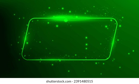 Neon rounded parallelogram frame with shining effects and sparkles on dark green background. Empty glowing techno backdrop. Vector illustration