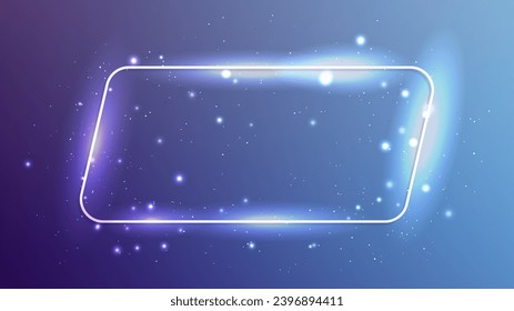 Neon rounded parallelogram frame with shining effects and sparkles on dark blue background. Empty glowing techno backdrop. Vector illustration