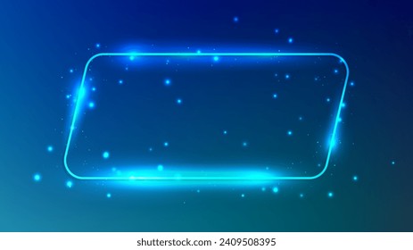 Neon rounded parallelogram frame with shining effects and sparkles on dark blue background. Empty glowing techno backdrop. Vector illustration