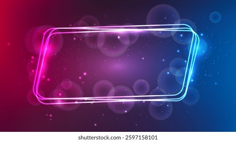 Neon rounded parallelogram frame with shining effects and sparkles on purple background. Empty glowing techno backdrop. Vector illustration