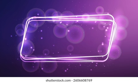 Neon rounded parallelogram frame with shining effects and sparkles on blue background. Empty glowing techno backdrop. Vector illustration