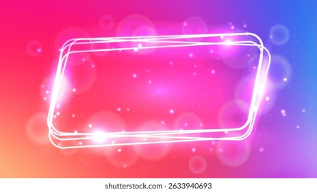 Neon rounded parallelogram frame with shining effects and sparkles on red background. Empty glowing techno backdrop. Vector illustration