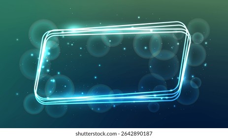 Marco de paralelogramo redondeado de neón con efectos brillantes y destellos sobre fondo verde. Fondo techno brillante vacío. Ilustración vectorial
