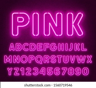 Neon Rounded Pink Font, Glowing Alphabet With Numbers.