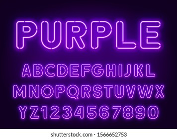 Neon Rounded Purple Font, Glowing Alphabet With Numbers.