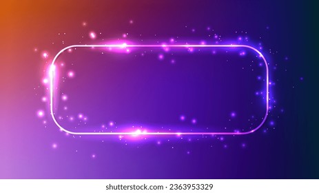 Neon rounded rectangle frame with shining effects and sparkles on dark purple background. Empty glowing techno backdrop. Vector illustration