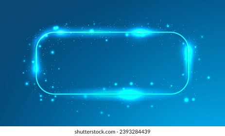 Neon rounded rectangle frame with shining effects and sparkles on blue background. Empty glowing techno backdrop. Vector illustration