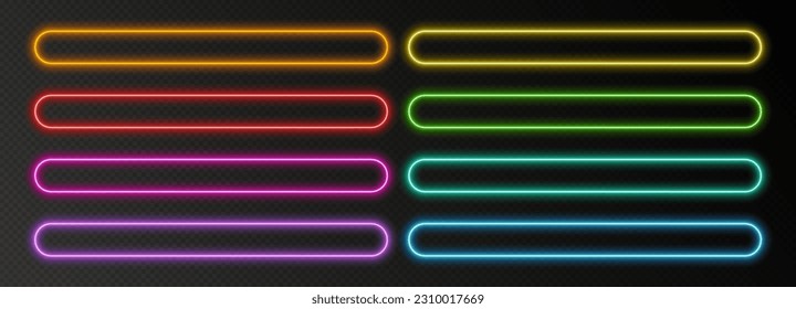 Neon rounded rectangle frames, vibrant glowing borders, isolated colorful UI elements. Neon banners, vector illustration.