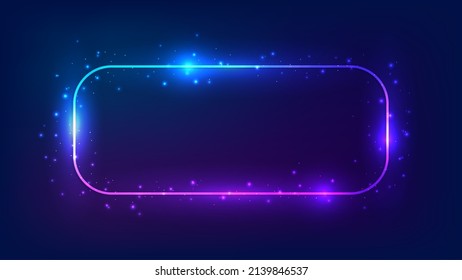 Neon rounded rectangular frame with shining effects and sparkles on dark background. Empty glowing techno backdrop. Vector illustration