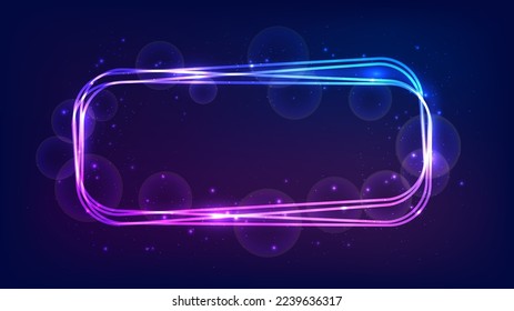 Neon rounded rectangular frame with shining effects and sparkles on dark background. Empty glowing techno backdrop. Vector illustration