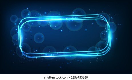Neon rounded rectangular frame with shining effects and sparkles on dark background. Empty glowing techno backdrop. Vector illustration