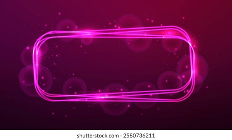 Neon rounded rectangular frame with shining effects and sparkles on pink background. Empty glowing techno backdrop. Vector illustration