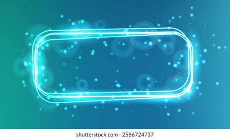 Neon rounded rectangular frame with shining effects and sparkles on green background. Empty glowing techno backdrop. Vector illustration