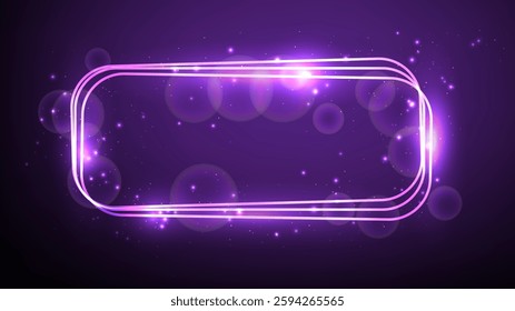 Neon rounded rectangular frame with shining effects and sparkles on blue background. Empty glowing techno backdrop. Vector illustration