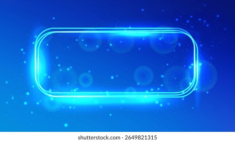 Neon rounded rectangular frame with shining effects and sparkles on blue background. Empty glowing techno backdrop. Vector illustration