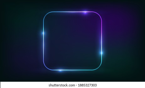 Neon rounded square frame with shining effects on dark background. Empty glowing techno backdrop. Vector illustration.