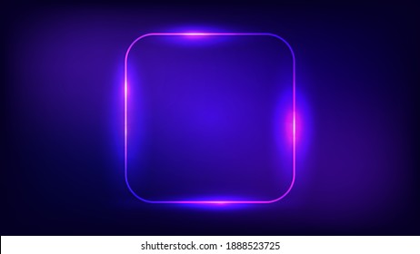 Neon rounded square frame with shining effects on dark background. Empty glowing techno backdrop. Vector illustration.