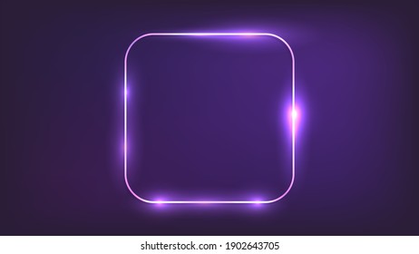 Neon rounded square frame with shining effects on dark background. Empty glowing techno backdrop. Vector illustration.