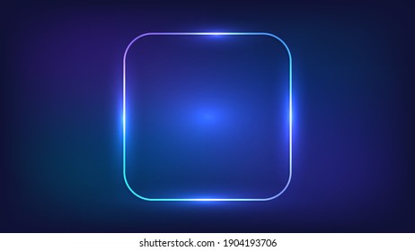 Neon rounded square frame with shining effects on dark background. Empty glowing techno backdrop. Vector illustration.