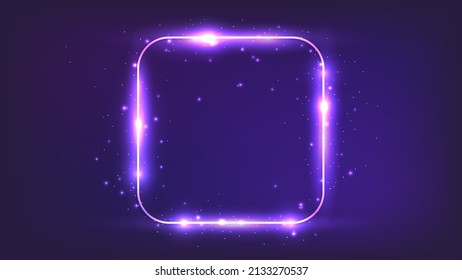 Neon rounded square frame with shining effects and sparkles on dark background. Empty glowing techno backdrop. Vector illustration