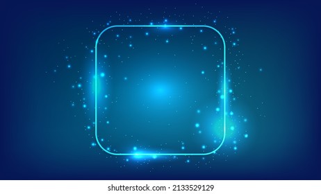 Neon rounded square frame with shining effects and sparkles on dark background. Empty glowing techno backdrop. Vector illustration