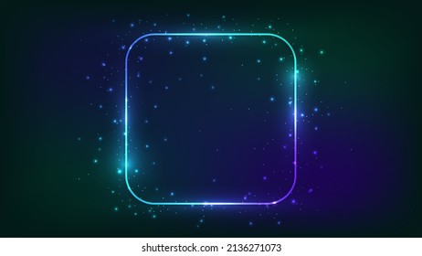 Neon rounded square frame with shining effects and sparkles on dark background. Empty glowing techno backdrop. Vector illustration