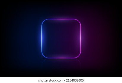 Neon rounded square frame with shining effects on dark background. Empty glowing techno backdrop. Vector illustration.