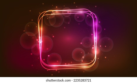Neon rounded square frame with shining effects and sparkles on dark background. Empty glowing techno backdrop. Vector illustration