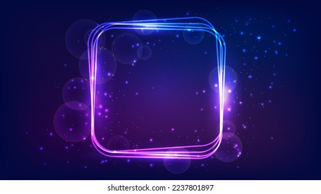 Neon rounded square frame with shining effects and sparkles on dark background. Empty glowing techno backdrop. Vector illustration